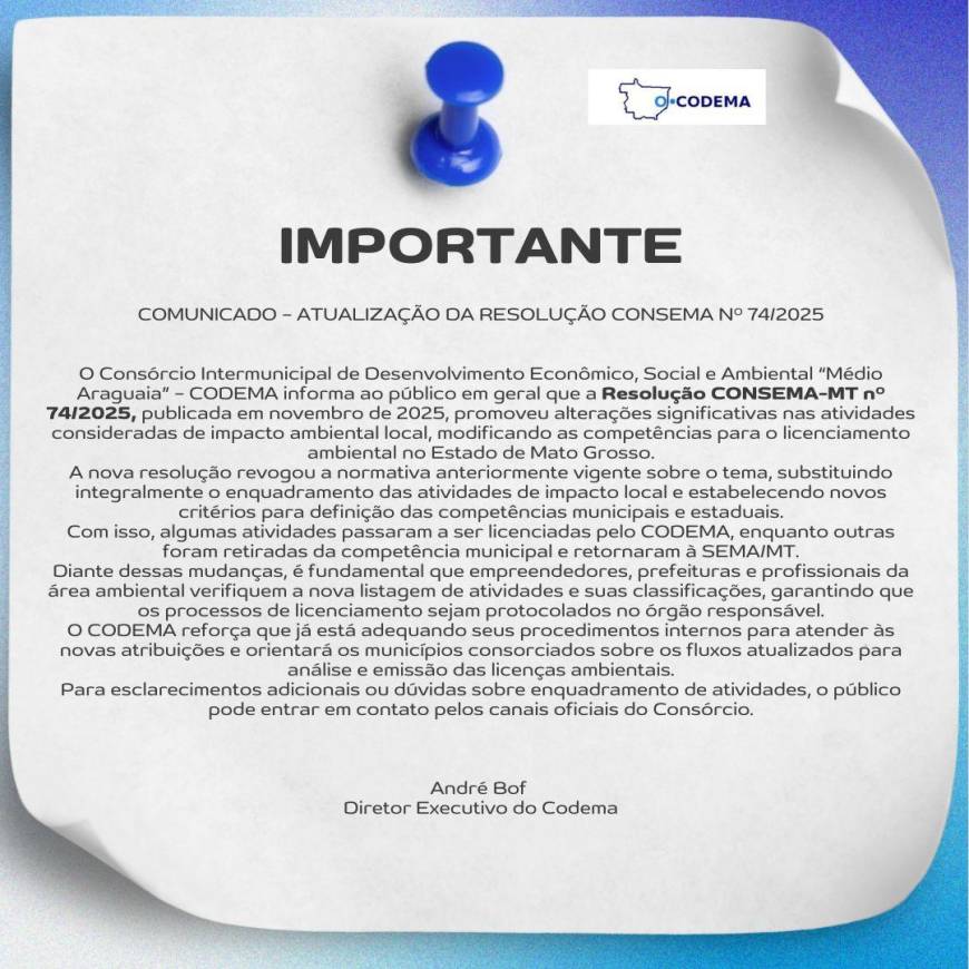 COMUNICADO – ATUALIZAÇÃO DA RESOLUÇÃO CONSEMA Nº 74/2025